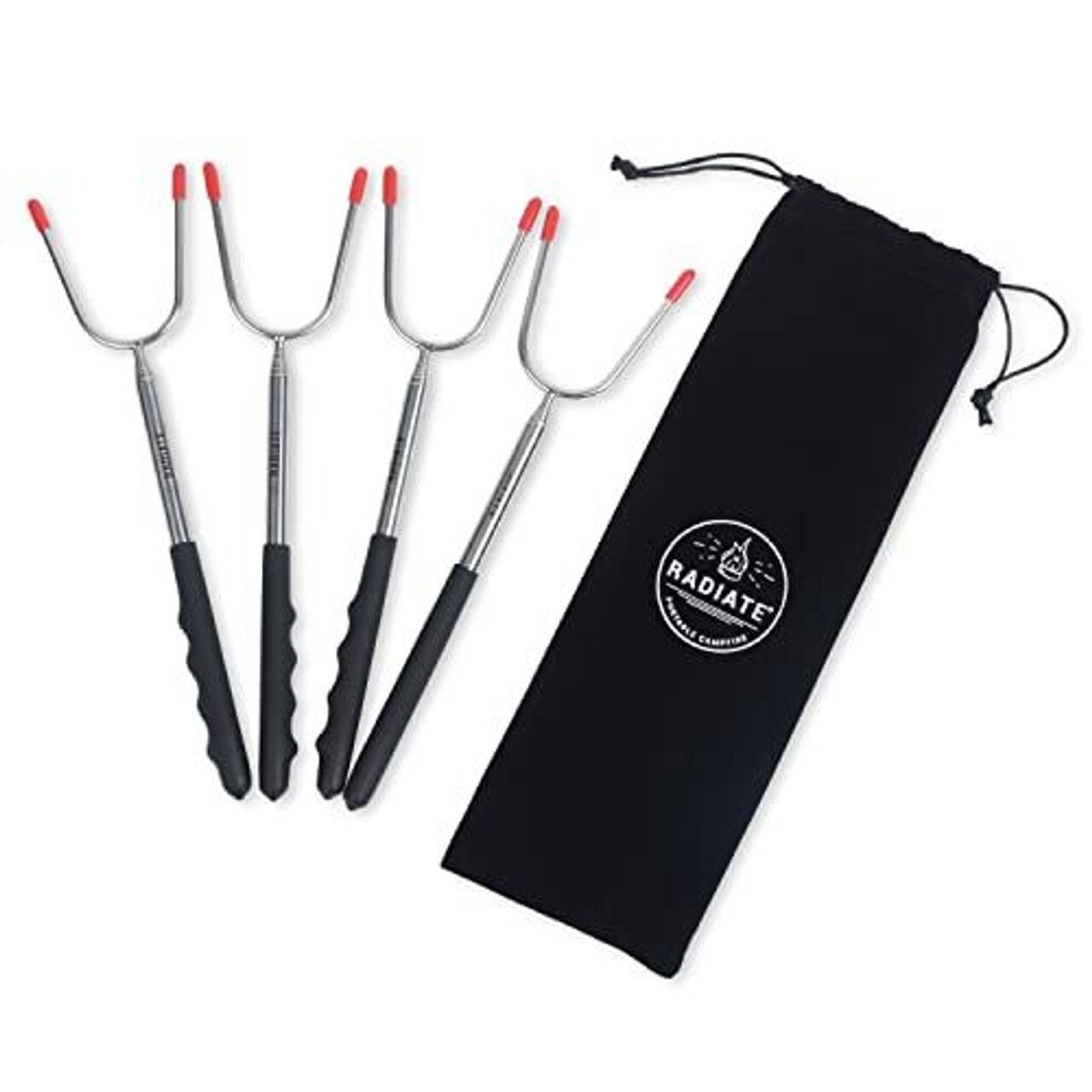 Radiate - 4 Pack 45-Inch Marshmallow Roasting Sticks - Stainless Steel Skewers for Camping, Smores, Hotdogs, and Sausages - Telescoping Forks with Storage Bag